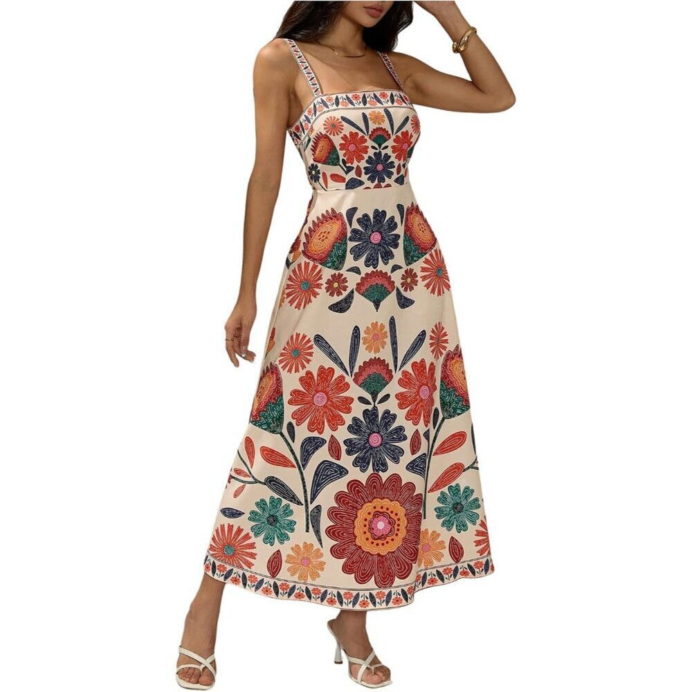 Women's Floral Flowy Maxi Beach Dress Boho Sleeveless Summer Sun Dress